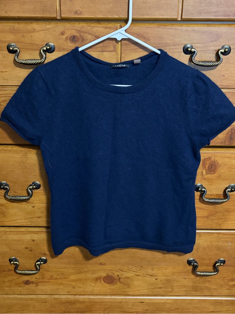 T Tahari Navy Short Sleeve Cashmere Crewneck Sweater